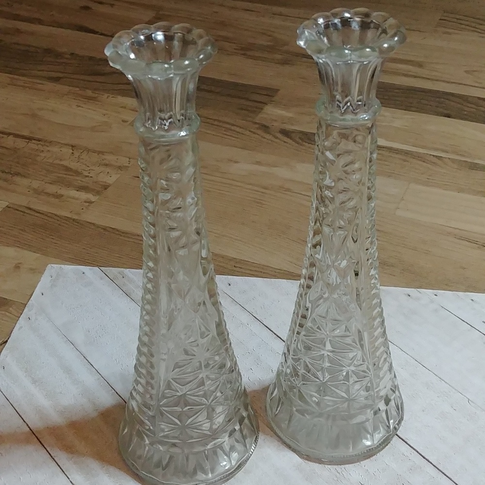 2 Vintage Clear Milk Glass Style Flower Vases
